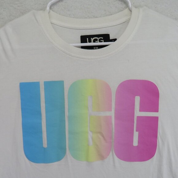 UGG T Shirt Womens Size Medium White Cropped Short Sleeve Pastel Spellout Logo - Picture 2 of 9
